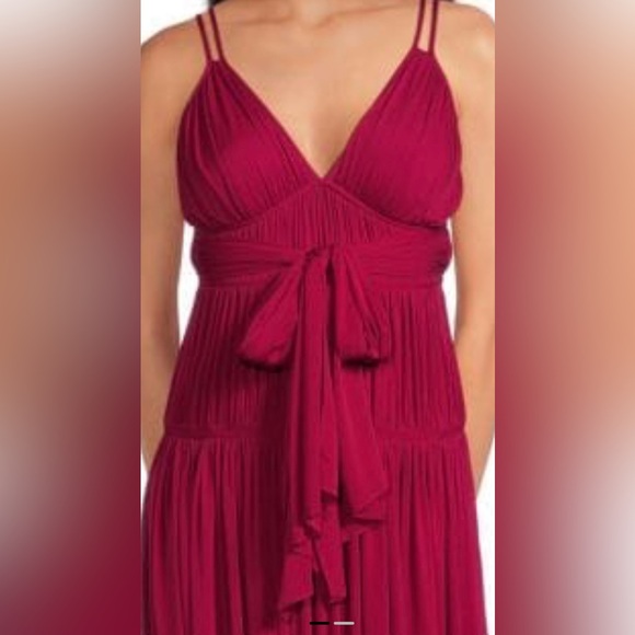 Rebecca Taylor Wine Color Belted Midi Dress: V Neck/Tie Back/Drop Waist/Ruched/6 - Picture 7 of 9